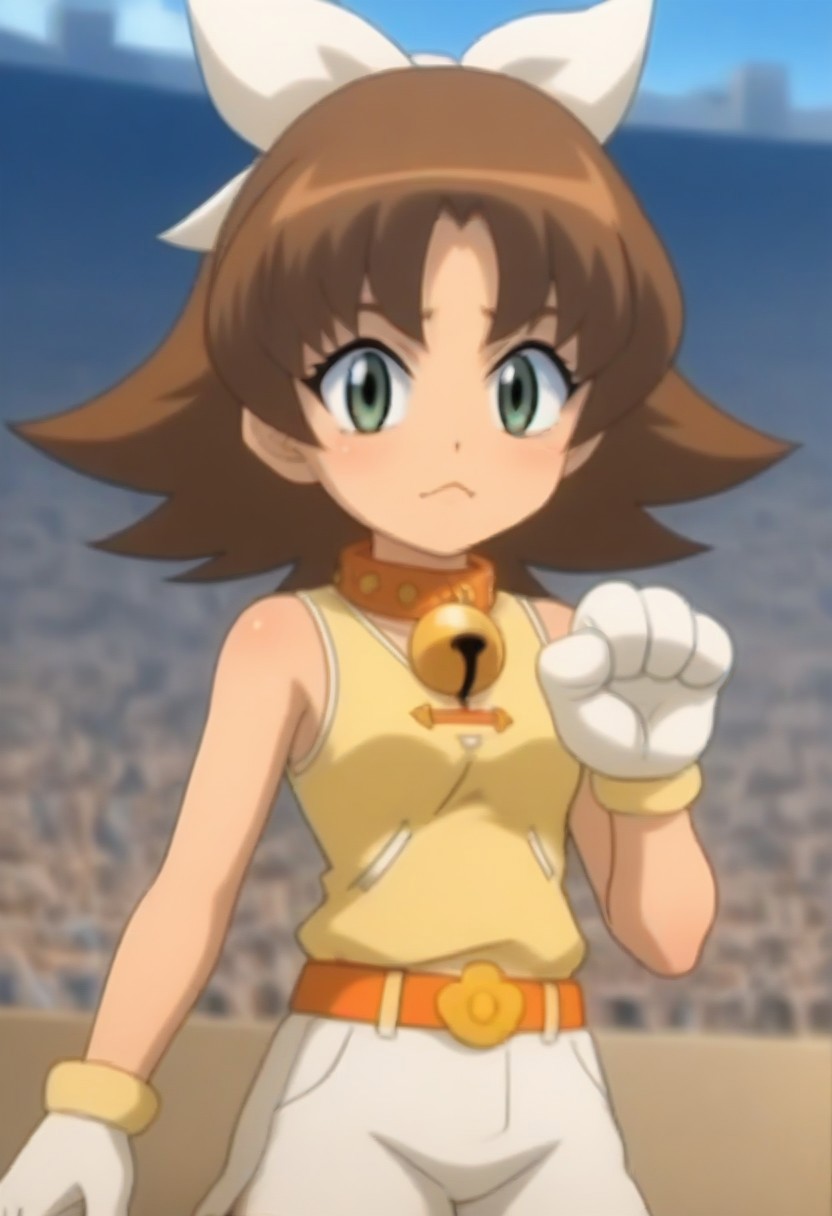 source_anime, anime screencap, source_anime, auratheguillotine, anime screencap, masterpiece, source_anime, shiny skin,,,,,,,,, bare shoulders,,, motti, brown hair, green eyes, nekoguchi, bell collar, orange collar, bangs, hair ribbon, white ribbon, medium hair, yellow tank top, tank top, exposed arms, sleeveless,, white shorts, orange belt, white boots, white gloves, one paw glove, one fingerless glove,