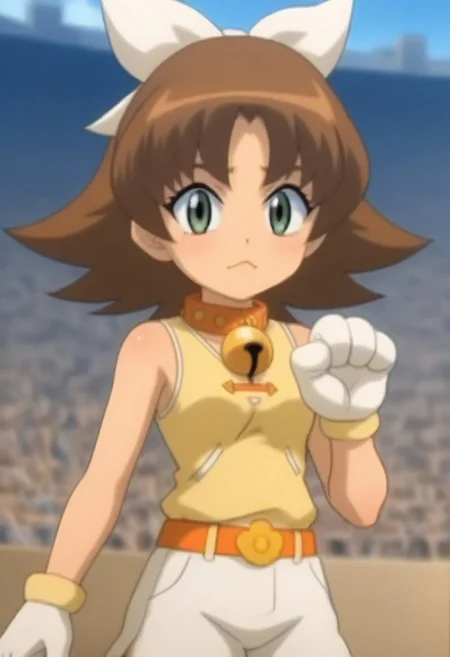 source_anime, anime screencap, source_anime, auratheguillotine, anime screencap, masterpiece, source_anime, shiny skin,,,,,,,,, bare shoulders,,, motti, brown hair, green eyes, nekoguchi, bell collar, orange collar, bangs, hair ribbon, white ribbon, medium hair, yellow tank top, tank top, exposed arms, sleeveless,, white shorts, orange belt, white boots, white gloves, one paw glove, one fingerless glove,