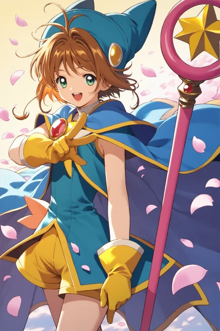 1girl, kinomoto sakura, brown hair, yellow gloves, solo, hat, green eyes, gloves, short hair, petals, magical girl, smile, blue headwear, cape, open mouth, shorts, cowboy shot, looking at viewer, staff,score_9,score_8_up,<lora:Card Captor Sakura Anime_XL_PONY:0.8>,