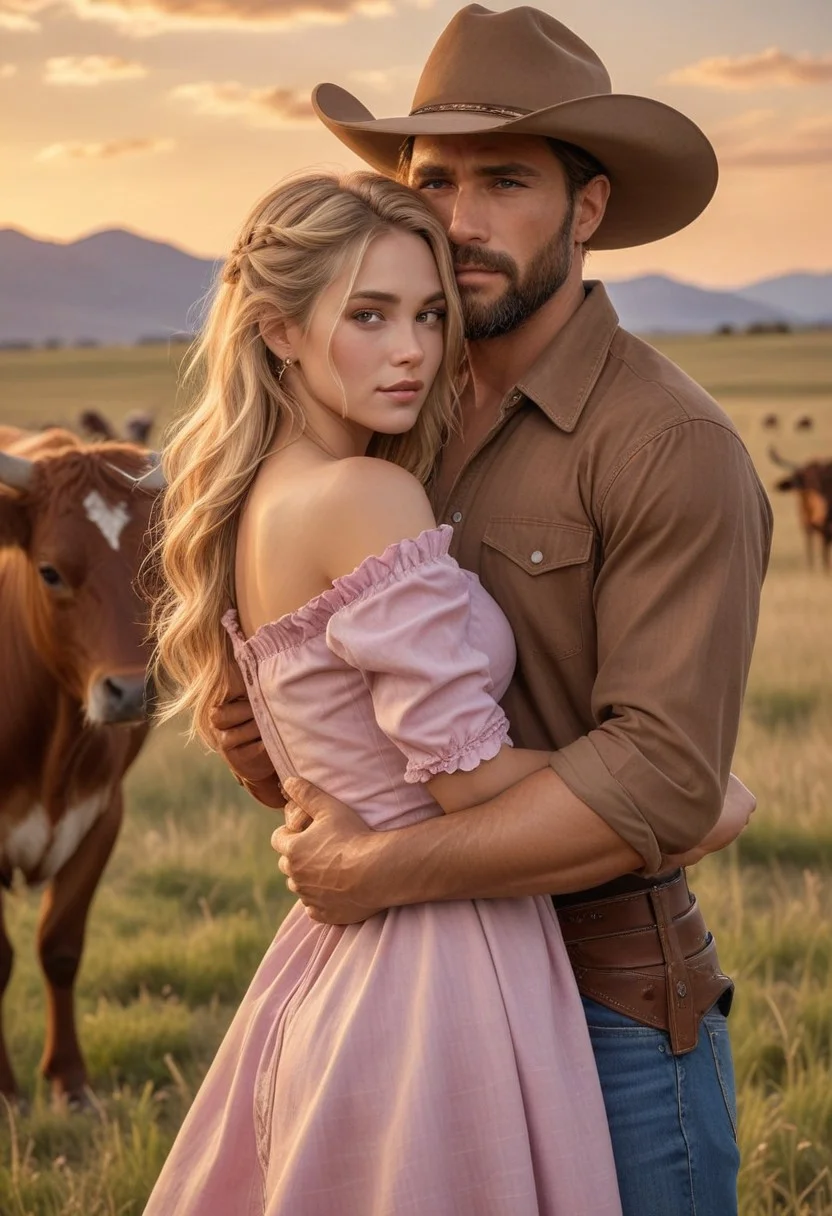 Create a high-quality, photorealistic image of a rugged burly big tall giant masculine swarthy 50yo handsome-cowboy and a 18yo fresh-faced stunning-blonde-woman in an intimate embrace against a sunset backdrop in a rural, pastoral setting. The man is muscular, with a full beard, wearing a brown cowboy hat, a blue denim shirt with rolled-up sleeves, and overalls. His muscular arms carry the woman in a cradle-hold, who wears a pink-red and white gingham off-shoulder dress with a full, flared skirt that falls just above her knees. The petite-woman has long, flowing blonde hair, and brown eyes, and she is gazing lovingly into the man's eyes with their noses almost touching. Her arms are wrapped around his neck. The man is carrying her securely, with one arm around her back and the other supporting her legs. The background features a prairie field with grazing Texas longhorn cattle and a sky painted in warm hues of orange, pink, and purple as the sun sets. The overall mood of the image is romantic and passionate, capturing the intensity of their connection in a serene, country setting. detailxl, freckles. Height-difference
Pay attention to the detailed clothing textures. perfect hands with five fingers. JuggernautNegative
Include the cattle in the background to emphasize the rural country western setting, ensuring they are slightly blurred to keep the focus on the couple. They have natural skin texture & pores. Sony fx9, 50mm, f/1.4