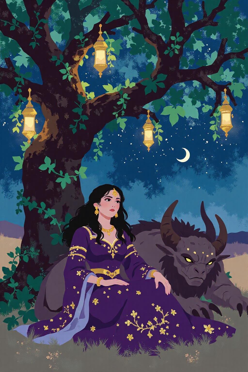 i11ustmin Illustration of a scene from Arabian Nights, rendered in intricate, colorful detail. A beautiful woman and a sleeping demon. The woman sits gracefully under a sprawling tree with lush, curving branches and hanging vines. She has striking, almond-shaped eyes, dark flowing hair, and wears elegant traditional attire with ornate jewelry that glimmers softly under the moonlight. Her expression is calm and serene as she gazes thoughtfully into the distance. Resting his head gently on her lap is a large demon with a powerful, otherworldly presence. The demon, though fearsome in size, appears vulnerable as he lies beside her. His skin has a muted, earthy tone, and his features--sharp and beastly--are softened by a look of weary contentment. His claws are retracted, and he exudes a mixture of strength and peace in her presence. The tree's twisted branches arc above them, framing the scene like a natural canopy. Golden lamps hang from the tree, casting warm, soft light, illuminating the two figures in a magical glow. The background is a deep, starry night, with hints of distant desert dunes and a crescent moon overhead, creating an enchanting and mystical ambiance that draws the viewer into this world of fantasy and myth.  <lora:minimalist_flat_nocap_nbm:1.0> <lora:Flux-Sch-SingleBlocks-BF16:1.0><lora:797952602588349324:0>