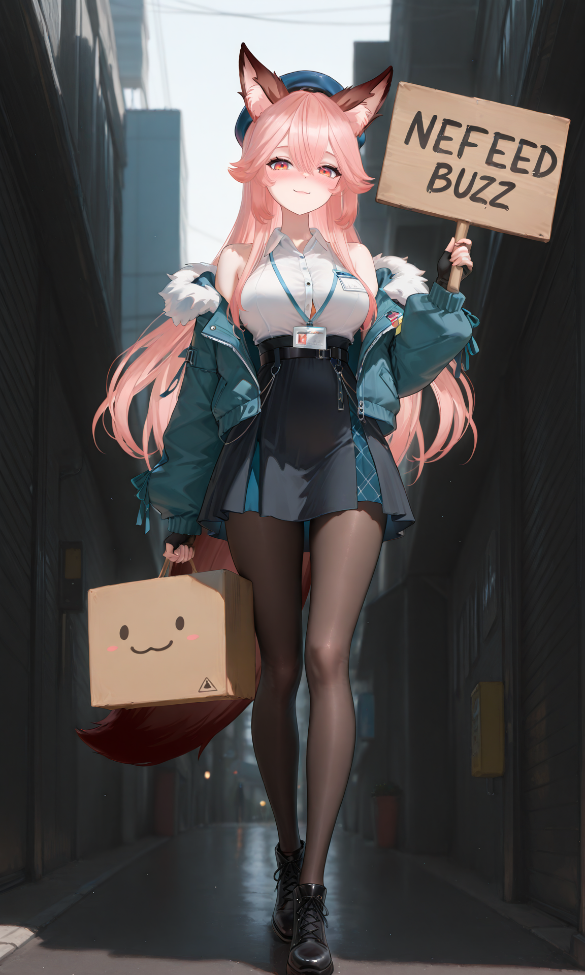 ((masterpiece, best quality, absurdres, highres, newest, very aesthetic, extremely detailed, very awa, detailed background, perfect anatomy, surreal)),<lora:xmc_v0.3_noobai_cwhj_946906:0.8>,<lora:illustrious_best_quality_v1_1021798:0.8>,<lora:add-detail-xl:0.9>,<lora:Karasicc_Vtuber_1642522:0.7>,karasiccillv1,fox ears,fox tail,1girl,solo,animal ears,pink hair,long hair,animal ear fluff,fox girl,looking at viewer,hair between eyes,tail,smile,bangs,red eyes,blush,full body,long sleeves,virtual youtuber,censored,
((holding a cardboard sign that says "NEED BUZZ")),
marine_beret,collared shirt,sleeveless,high-waist skirt,pantyhose,blue jacket,fur trim,fingerless gloves,id card,