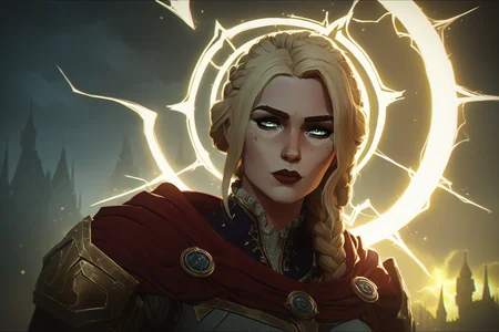 arcane style, 1girl, solo, portrait of paladin lady in ornate armor, red lips, pauldrons, frills, cape, blonde hair, braid, glowing halo, night, particles, royal castle background, bokeh, yellow lightning, storm, dark clouds, looking at viewer, 3d