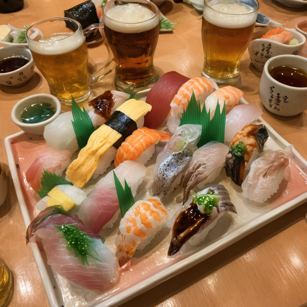 best quality, ultra-detailed,
nigiriL, sushi, still life, food, sushi, food focus, bottle, rice, chopsticks, seaweed, beer, beer mug, realistic,
<lora:sushi_SDXL_V2:1>