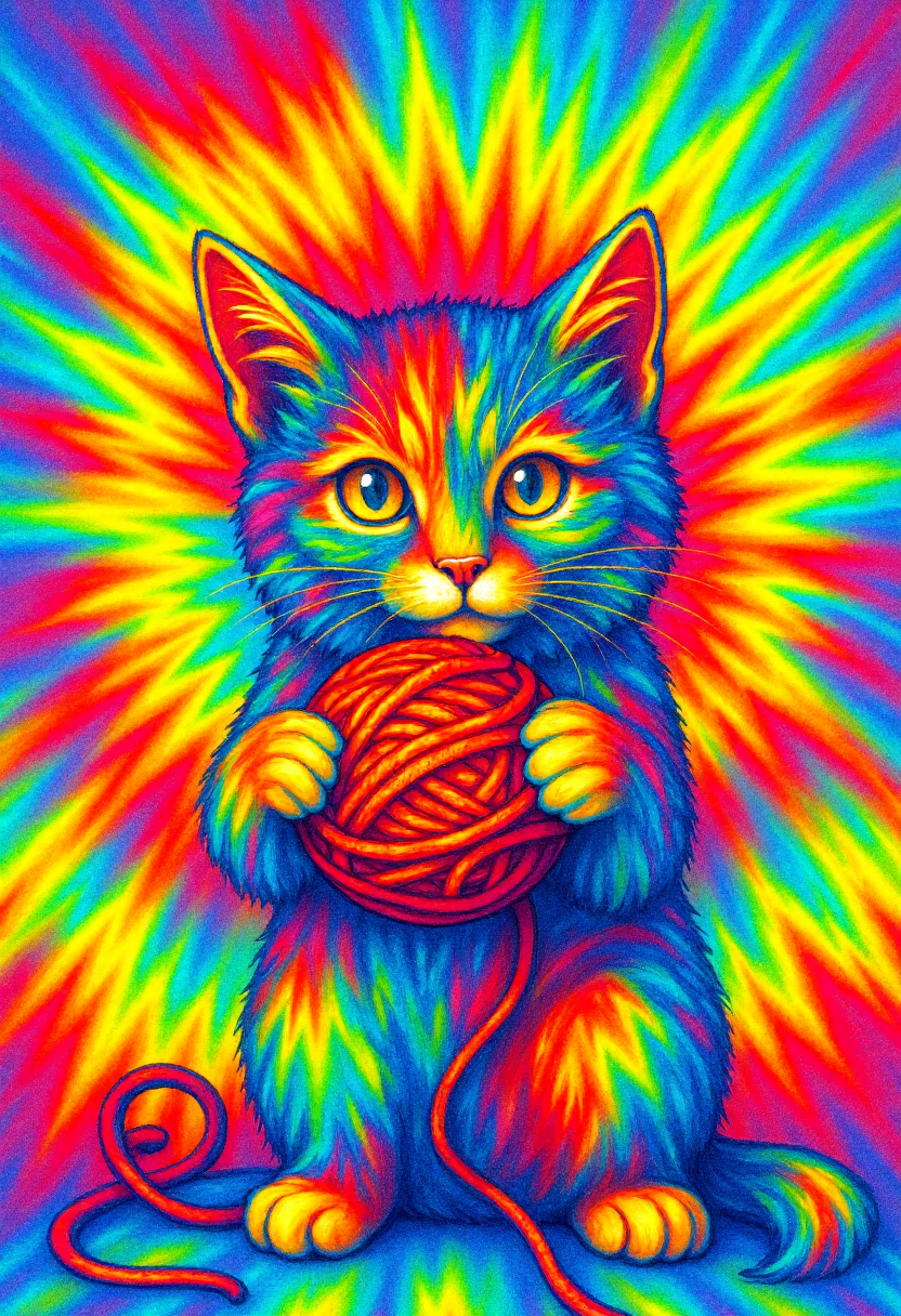 <lora:Tie_Dye_Style_FLUX-000015:0.9>
This is a vibrant, psychedelic digital drawing of a cat playing with a yarn ball rendered in a swirling pattern reminiscent of tie-dye artwork.