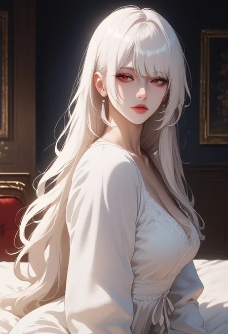 score_9, score_8_up, 1girl, HD, details, high quality, rendered face, source_anime, good_hands.
((pale skin)), hourglass figure, perfect body, tall, curvy, medium breasts, mature female, White hair, bangs, red eyes, long hair, ((white blouse)), sitting
Indoors, living room, night sky, expressionless , closed lips