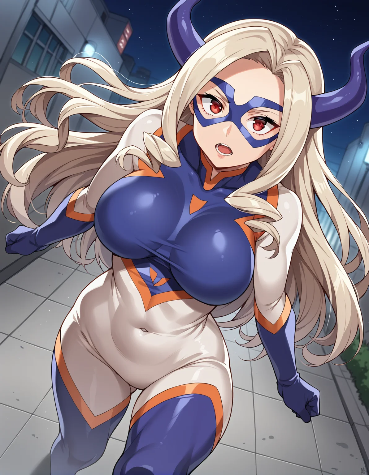 score_9, score_8_up, score_7_up, source_anime, rating_safe, BREAK <lora:mountLady_XL-Pony_LoRA-C3Lier_16-16-8-8_AdamW_Un3e-4_Te1.5e-4_10batch:1>, mount lady, 1girl, long hair, drill hair, blonde hair, red eyes, purple horns, large breasts, superhero, mask, domino mask, bodysuit, skin tight, impossible clothes, covered navel, thighhighs, dutch angle, depth of field, eye focus, floating hair, floating, looking at viewer, looking up, fighting, serious, open mouth, night, night sky, alley, city lights, skyscraper