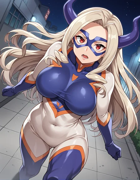 score_9, score_8_up, score_7_up, source_anime, rating_safe, BREAK <lora:mountLady_XL-Pony_LoRA-C3Lier_16-16-8-8_AdamW_Un3e-4_Te1.5e-4_10batch:1>, mount lady, 1girl, long hair, drill hair, blonde hair, red eyes, purple horns, large breasts, superhero, mask, domino mask, bodysuit, skin tight, impossible clothes, covered navel, thighhighs, dutch angle, depth of field, eye focus, floating hair, floating, looking at viewer, looking up, fighting, serious, open mouth, night, night sky, alley, city lights, skyscraper
