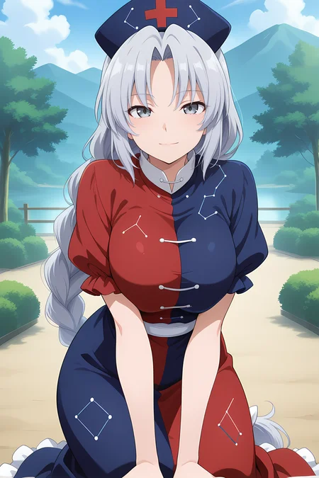 absurdres, highres, masterpiece, best quality, amazing quality, official anime artwork, screencap, anime screencap, outdoors, light smile, looking at viewer, dynamic pose,
<lora:Eirin-Yagokoro_Illustrious:1> yagokoro eirin, 1girl, solo, grey eyes, grey hair, very long hair, braided ponytail,, nurse cap, constellation print, multicolored dress, red dress, blue dress, puffy short sleeves, frilled dress,
