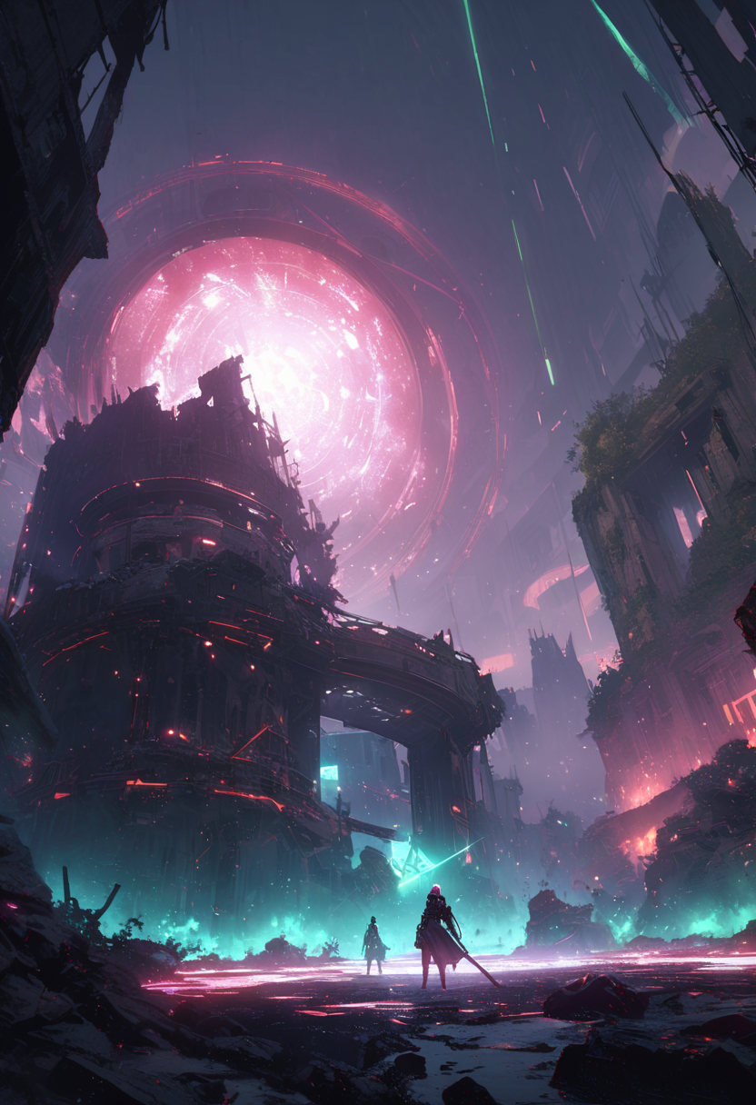 (best quality), realistic, 2d game scene, ethereal, mysterious, occult, scenery, no humans, ruin, retro machinery, gate, decay, hologram, oxygen, hexagon, geometry, particles, (bioluminescent:1.2), ultra highres, absurdres, light rays