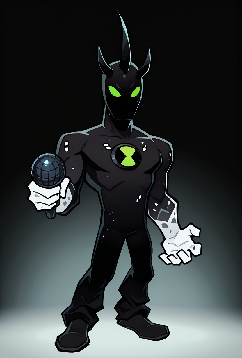 <lora:alienx-09:1> alienx, 1boy, green eyes, horns, matte black skin, upper body, dynamic pose, white hands, wide face, white spots on body,   <lora:17bucks_Style_Illustrious:1> 17bucks, gradient color, 2d, standing, holding microphone, full body ,, masterpiece, best quality, amazing quality, very aesthetic, absurdres, newest,