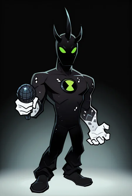 <lora:alienx-09:1> alienx, 1boy, green eyes, horns, matte black skin, upper body, dynamic pose, white hands, wide face, white spots on body,   <lora:17bucks_Style_Illustrious:1> 17bucks, gradient color, 2d, standing, holding microphone, full body ,, masterpiece, best quality, amazing quality, very aesthetic, absurdres, newest,