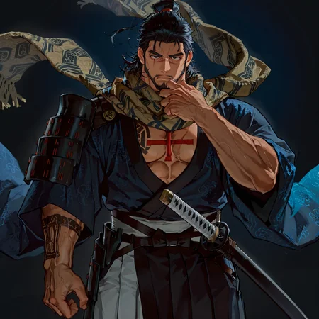 <lora:Zehn__Alchemist_Code-000002:.7>, tagatamezehn, zehn_black hair, zehn_kimono, 1boy, short black hair, slicked back, tied hair, scar across eye, scar on nose, scarf, beard, solo, male focus, manly, bara, mature male, muscle body, kimono, armor, tattoo on chest, cross tattoo, single arm tattoo, pants, zouri, tabi, runes, samurai,
cowboy shot, 
male focus, muscular male, muscular male, bara, mature, facial hair, beard, full beard, sideburn, mustache, stubble,), facial hair, bara, mature, body hair, aixiwuganda_(20222192), very awa, masterpiece, best quality, absurdres, newest, perfect quality, detailed background, intricate details,, <lora:slider_Body Type_alpha1.0_rank4_noxattn_last:2><lora:Anime Summer Days 2 Style SDXL_LoRA_Pony Diffusion V6 XL:.6><lora:merged:.7>, DARK, DARK BACKGROUND, LOW-KEY LIGHTING <lora:slider_cfg_scale_boost:.7><lora:Artist6p:.55>, Artist6p, Artist04p,<lora:slider_il_brightness_slider_d1:-1><lora:slider_il_contrast_slider_d1:-.45>,<lora:slider_contract_controller_illus01_v1:.5>, <lora:addon_illustriousXLv01_stabilizer_v1.121:.5>,<lora:slider_DarkSlider1.2_alpha1.0_rank16_full_300steps:-1>