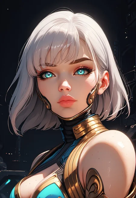 ((zPDXL3)), score_9, score_8_up, score_8, Science Fiction, Star Wars, perfecteyes, ultra detailed, high resolution, high quality, masterpiece, intricate details, intricate body, intricate landscape, knva, Expressiveh, European Instagram Model, upper body shot, low light, dungeon, ruins, green glow, black background, 
BREAK
1girl, solo, source_cartoon, mature female, allstarsdva, d.va (overwatch), white hair, blue eyes, beautiful, full lips, looking at viewer, closed mouth,