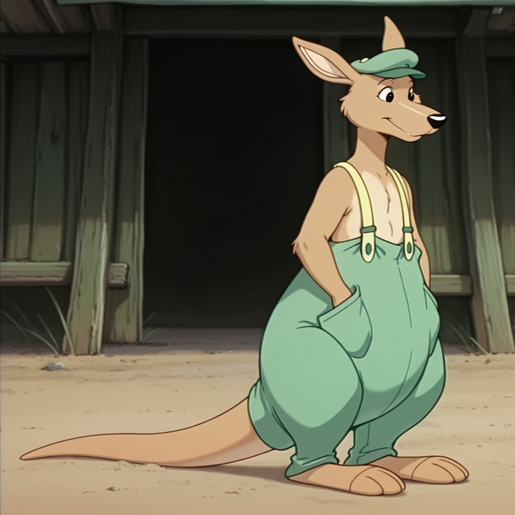 masterpiece, best quality, amazing quality, Splodgebbil, semi-anthro, male, kangaroo, tan fur, black eyes, tail, green hat, green pants, yellow suspenders  standing, hands in pockets, woods