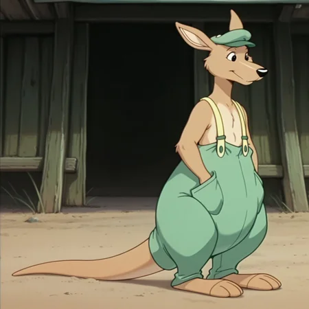 masterpiece, best quality, amazing quality, Splodgebbil, semi-anthro, male, kangaroo, tan fur, black eyes, tail, green hat, green pants, yellow suspenders  standing, hands in pockets, woods