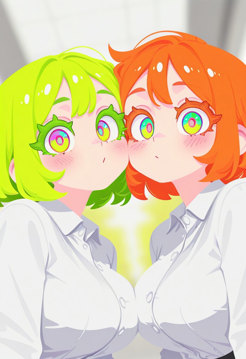 fabulosity_style, best quality, no lineart, no outline, flat color, blurry background, depth of field, thick eyelashes, 2girls, tilted angle, detailed eyes, multicolored eyes, large breasts, office shirt, orange hair, green hair, cheek-to-cheek, side by side, acid colors, blush, looking at viewer