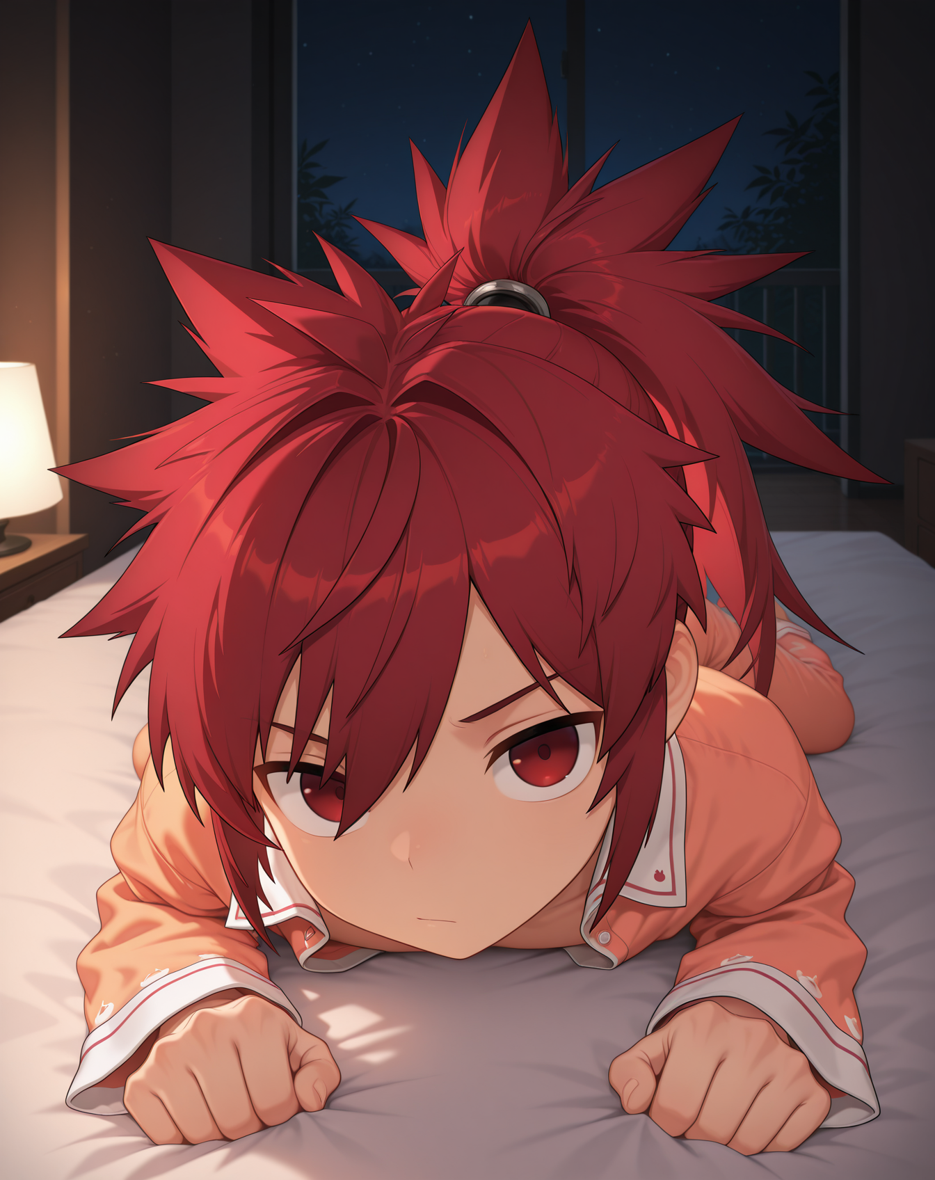 masterpiece,best quality,amazing quality, newest, very aesthetic, absurdres,
1boy, solo, yaoi, male focus, looking at viewer, full body, face focus, lying, on bed,
 <lora:Elsword_Sheath_Knight_ilxl:1>   elswordsk, red hair, red eyes, spiked hair, long hair, ponytail,
pajamas, open clothes,
indoors, night, dark room, bedroom,