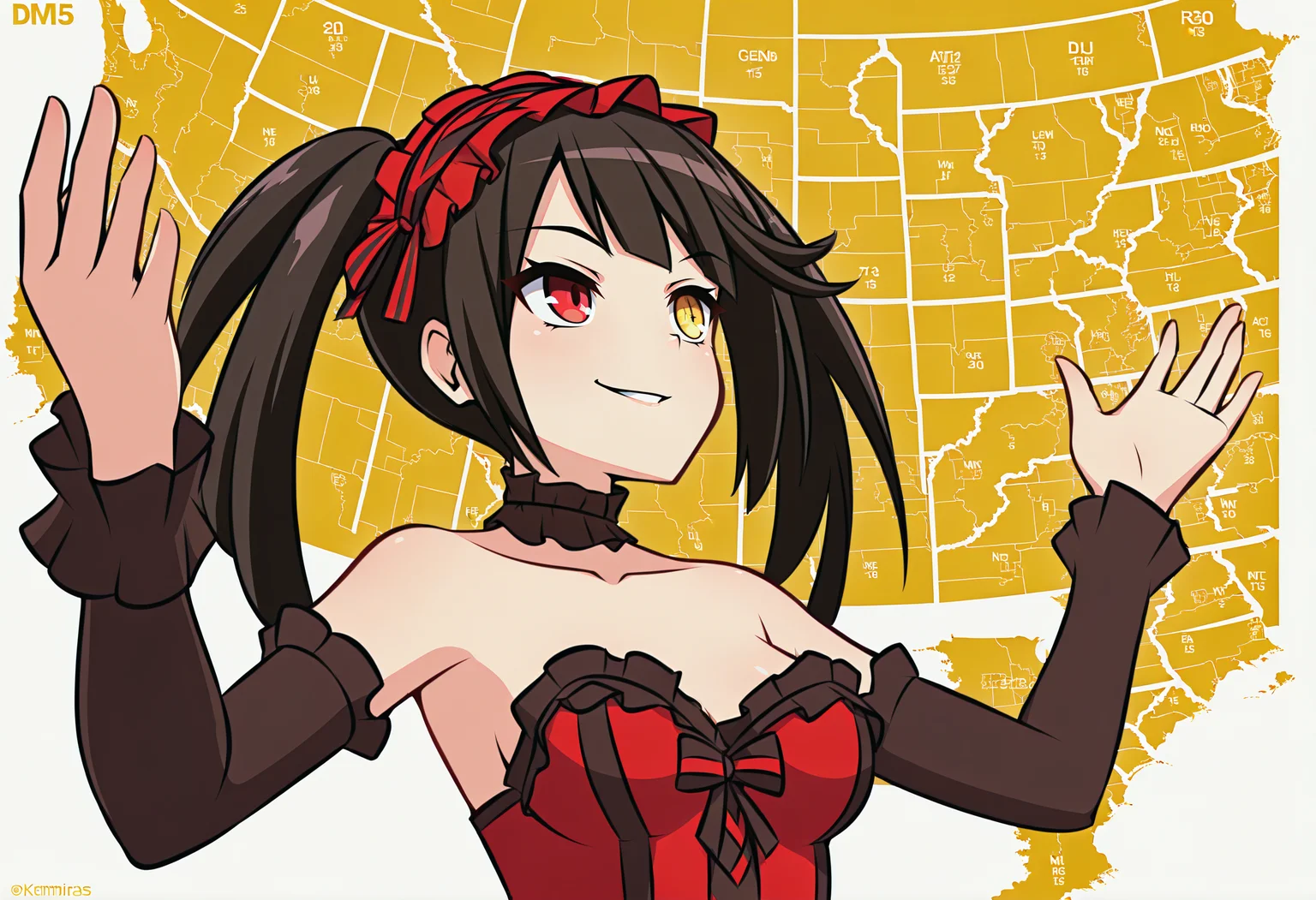 masterpiece, best quality, map, united states, outstretched arms, upper body, yellow background, white background, english text, <lora:JebWinsMeme_illusXL_Incrs_v1:1>, 1girl, looking up, <lora:ChamKurumiIllustriousXL:1>, KrmiDef, clock eyes, red eye, yellow eye, heterochromia, black hair, long hair, uneven twintails, hairband, red dress, bare shoulders, collarbone, striped bow, frills, detached sleeves, frilled choker, seductive smile,