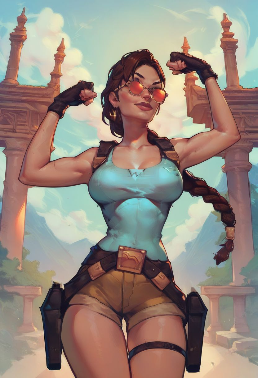 score_9,score_8_up,score_7_up,score_6_up,score_5_up,score_4_up, laraxl, braid, single braid, sunglasses, fingerless gloves, short shorts,
tank top, belt, thigh holster, temple, outdoors, dawn, looking at viewer, standing, upper body, light smile, Henchman in headlock, Flexing arm