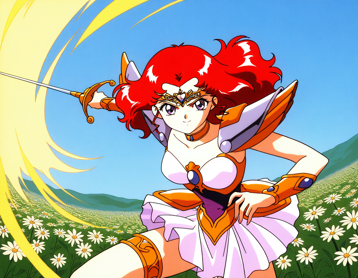 general,highres, ultra-detailed,very aesthetic,best quality ,best hands,  BREAK <lora:Scarlett_ohara_IS:1> Scarlett_ohara, 1girl,solo, red hair, long hair, purple eyes, breasts, 1990s (style), anime coloring, 
 choker, armor, 1990s (style), skirt, hand on hip, smile, tiara, jewelry, magical girl, thighlet, white skirt, miniskirt, thigh strap, armored dress, bracer, shoulder armor, blue eyes,  short hair, pauldrons, attack, effect, aura,
flower,
hold, sword, rapier, serious face, fighting pause,
day, say,