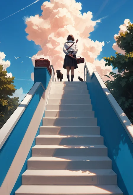 score_9, score_8_up, score_7_up, score_6_up, score_5_up, score_4_up,
<lora:ScenicHorizonsV3.1:1> sc3n1ch0r1s0ns,
1girl, solo, long hair, short hair, shirt, skirt, brown hair, black hair, long sleeves, standing, school uniform, white shirt, pleated skirt, sky, shoes, socks, day, serafuku, cloud, black skirt, sailor collar, from behind, bag, blue sky, tree, kneehighs, shadow, bird, animal, brown footwear, leaf, arms behind back, black socks, sunlight, cat, cloudy sky, plant, instrument, scenery, stairs, railing, facing away, guitar, wide shot, black cat, instrument case, guitar case