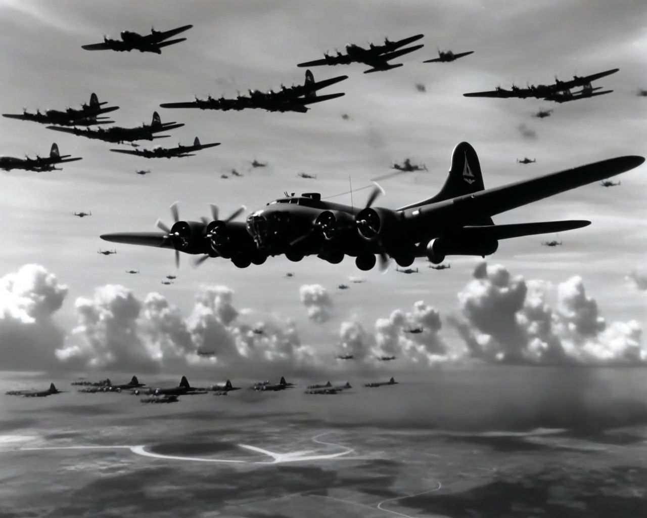 B_17_Flying_Fortress, many_aircraft, bombing, monochrome newsreel frame, heavy bomber formation, flak bursts, masterpiece, best quality, amazing quality <lora:Mini list aircraft sdxl V1:1>