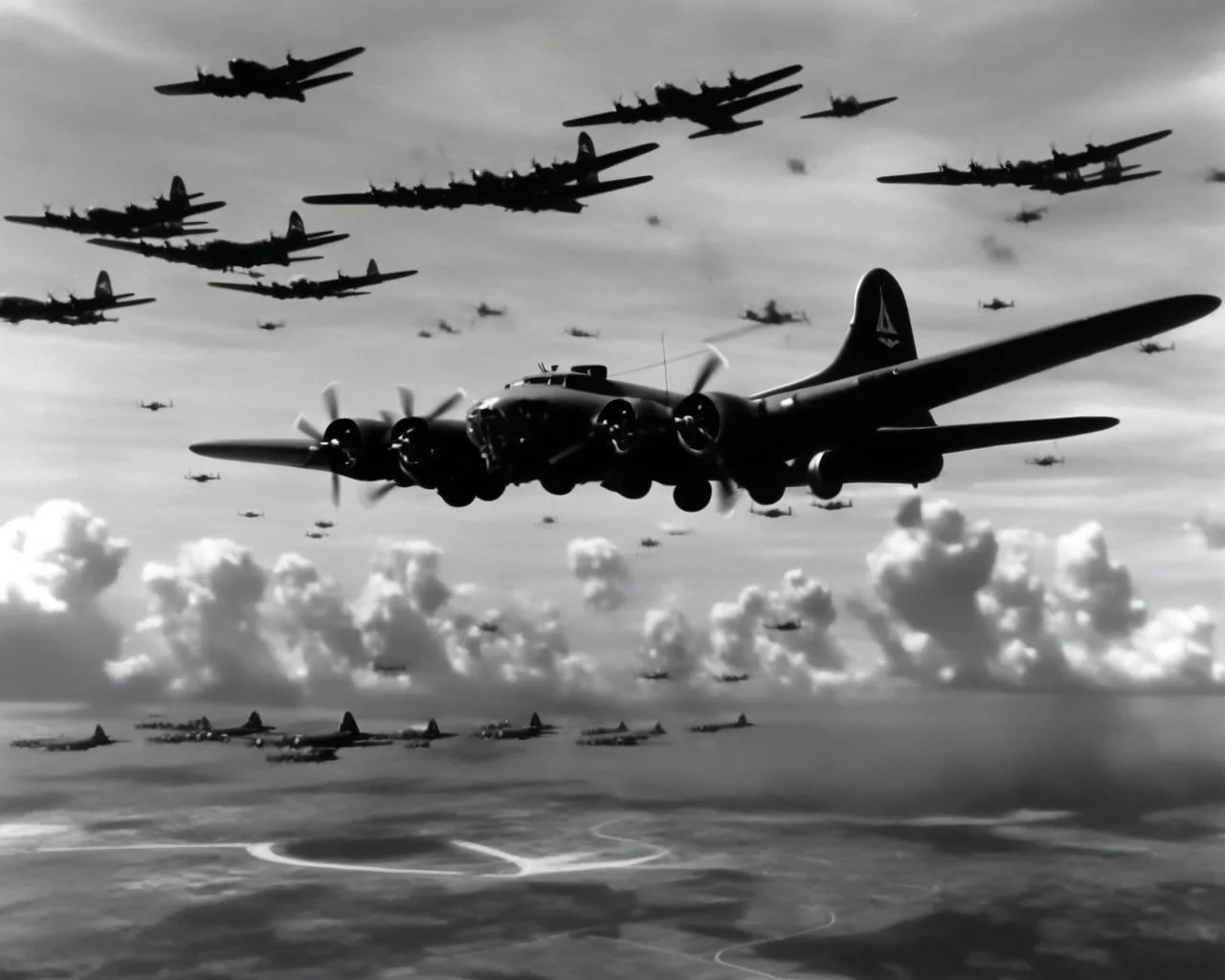B_17_Flying_Fortress, many_aircraft, bombing, monochrome newsreel frame, heavy bomber formation, flak bursts, masterpiece, best quality, amazing quality <lora:Mini list aircraft sdxl V1:1>