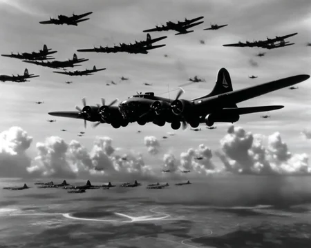 B_17_Flying_Fortress, many_aircraft, bombing, monochrome newsreel frame, heavy bomber formation, flak bursts, masterpiece, best quality, amazing quality <lora:Mini list aircraft sdxl V1:1>