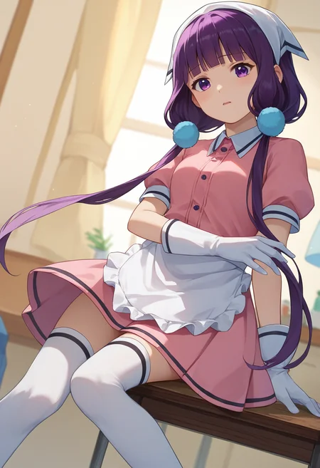 score_9, score_8_up, score_7_up, source_anime, 1girl, Maika, purple hair, purple eyes, low twintails, head scarf, pink dress, white apron, white gloves, white thighhighs, <lora:MaikaPXL1-000010:1>