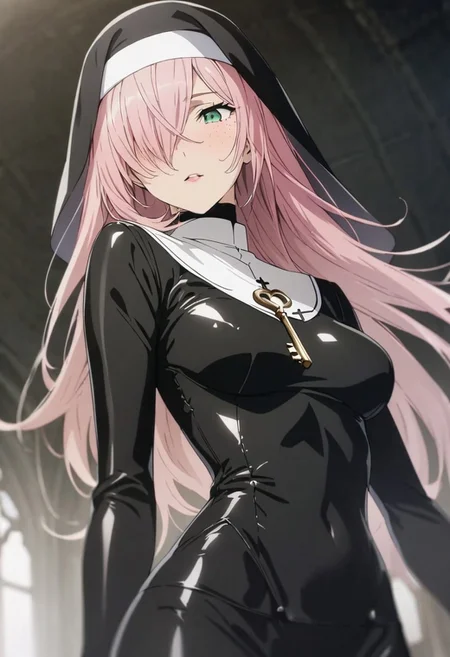 1woman, solo, long hair, pink hair, black choker, green eyes, one eye covered by hair, eyeliner, gorgeous lips, tights, medium breasts
cinematic, (masterpiece), (best quality), (ultra-detailed), very aesthetic, illustration, detailed eyes, perfect eyes
freckles, aloof, <lora:Ch0w13nunPXL:0.5> ch0wb13nun, nun, cross, latex bodysuit, key visual, pixiv fanbox, skeb, (masterpiece:1.1)