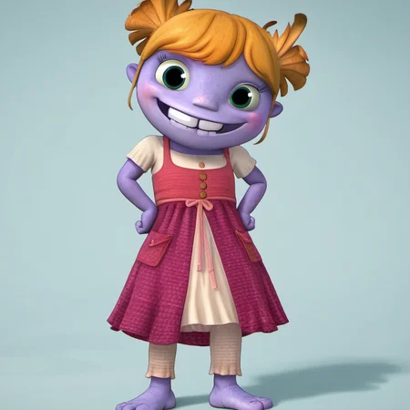solo, 1girl, ginag1, freckles, blonde hair, smile, full body, barefoot, looking at viewer, colored skin, dress, purple skin, hand on hip, buck teeth, <lora:ginag1:1>,
