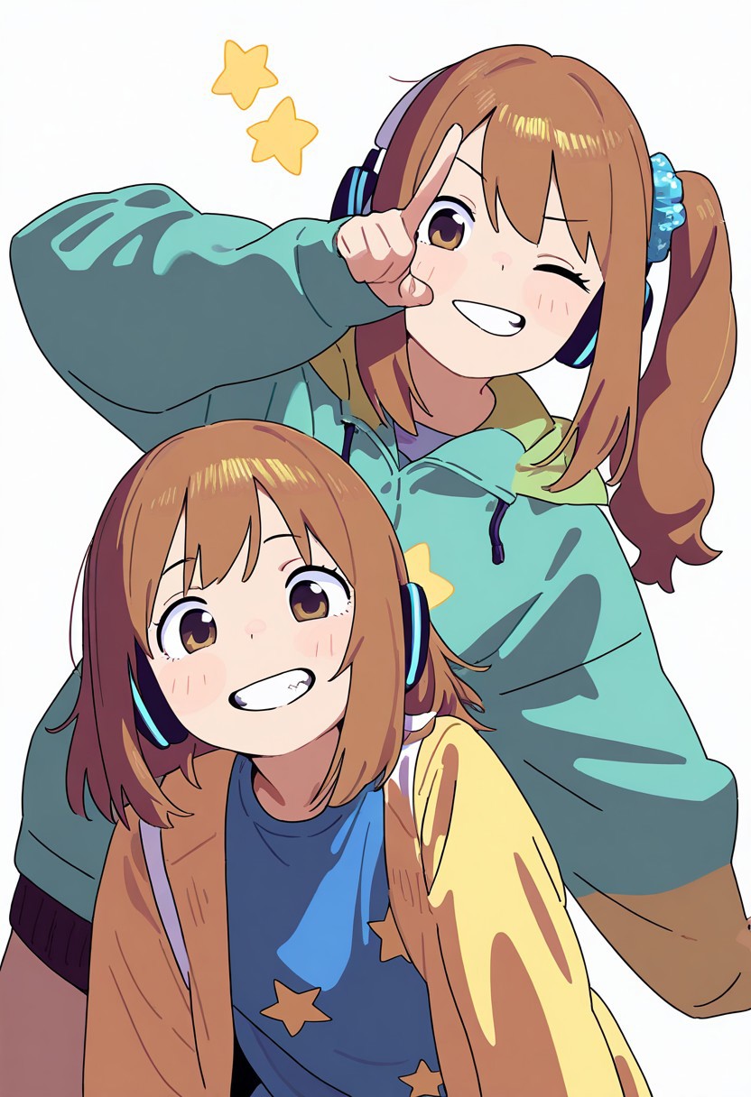 masterpiece, best quality, very aesthetic, high resolution, ultra-detailed, absurdres, newest, extremely detailed eyes, beautiful, perfect lighting, hi res, amazing quality, very awa, Brightly Lit, Highly Visible, 8k, sharp focus, beautiful, perfect lighting, volumetric lighting, scenery, painting_(artwork), PSTL_ST, long hair, looking at viewer, smile, open mouth, bangs, multiple girls, simple background, brown hair, shirt, hair ornament, long sleeves, white background, 2girls, brown eyes, jacket, upper body, one eye closed, star \(symbol\), grin, side ponytail, coat, v, siblings, headphones, scrunchie, blue shirt, pointing, sisters, hair scrunchie, twins, star print, print shirt