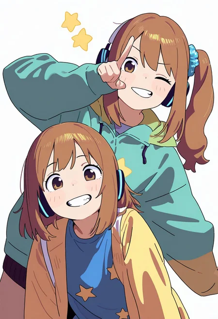 masterpiece, best quality, very aesthetic, high resolution, ultra-detailed, absurdres, newest, extremely detailed eyes, beautiful, perfect lighting, hi res, amazing quality, very awa, Brightly Lit, Highly Visible, 8k, sharp focus, beautiful, perfect lighting, volumetric lighting, scenery, painting_(artwork), PSTL_ST, long hair, looking at viewer, smile, open mouth, bangs, multiple girls, simple background, brown hair, shirt, hair ornament, long sleeves, white background, 2girls, brown eyes, jacket, upper body, one eye closed, star \(symbol\), grin, side ponytail, coat, v, siblings, headphones, scrunchie, blue shirt, pointing, sisters, hair scrunchie, twins, star print, print shirt