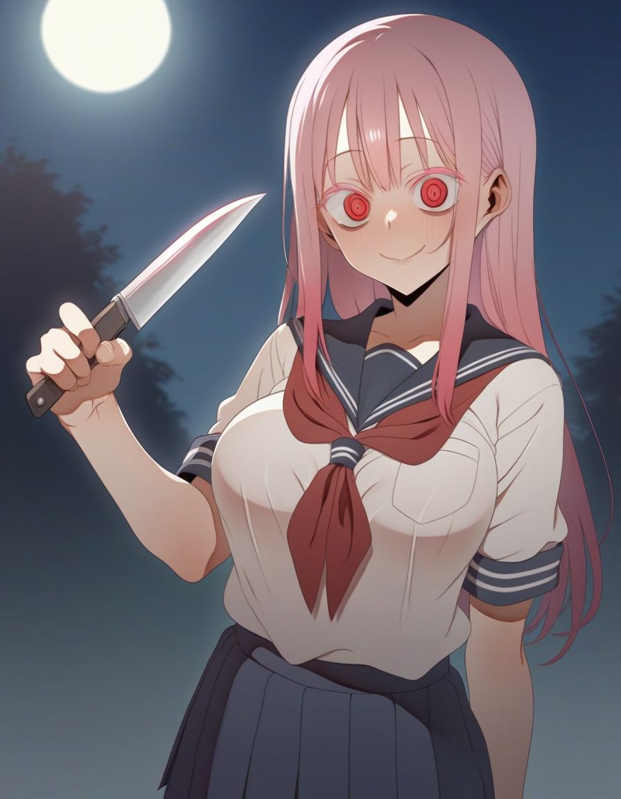 score_9,score_8_up,score_7_up, BREAK  (by kab), 1girl,  yandere, yandere trance,  breasts, colored eyelashes,  crazy eyes, red eyes, pink hair, gradient hair, long hair,  standing,  moonlight ,  holding knife,  closed mouth, school uniform, smile, outdoors,  night sky,