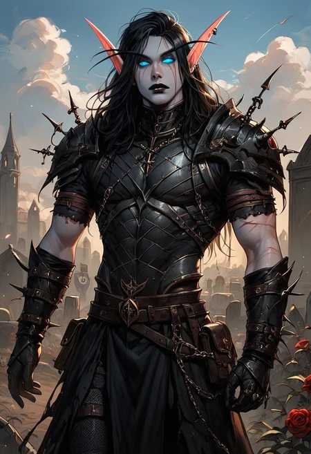 score_9, score_8_up, score_7_up, score_6_up, Expressiveh, masterpiece, perfect face, 1man, man blood elf, male, masculine, guy, (Male), ((Male)), solo, deathknight, punk man, goth, tall man, muscular arms, pointy ears, long ears, blue eyes, glowing eyes, ((pale grey skin)), black hair, messy hair, long hair, ((barbed wire sleeve)), black lips, scarred face, scars, piercings, armored, (( black armor)), saronite armor, belt, pouch, bulky armor, (((black armor))), chainmail, armored leggings, armored boots, black ornaments, ornate armor, armor, gauntlets, death knight,, outdoors, graveyard background, dead roses, vivid colors, cloudy day, posing, from behind, masculine pose, villain pose, villain, cowboy shot, dynamic pose