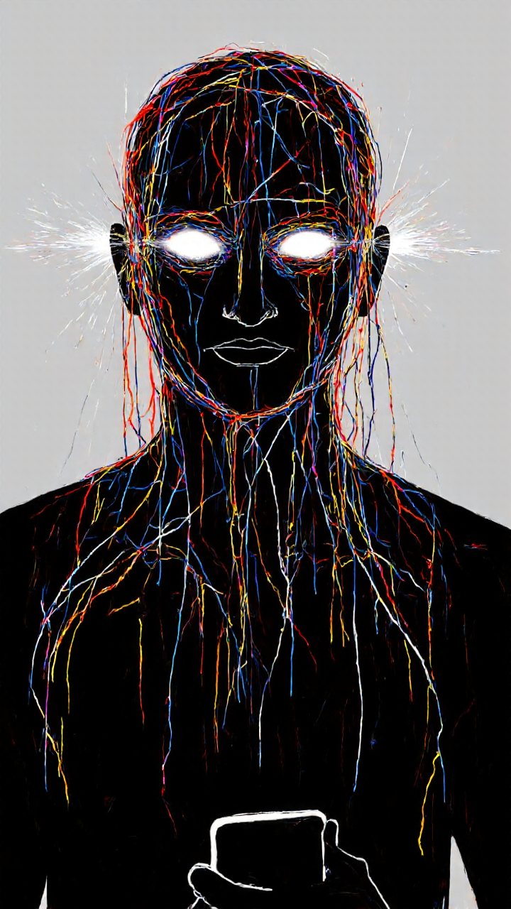 digital drawing in a surreal, abstract style. The central subject is a person's head and shoulders, depicted in a dark, almost black silhouette. The face is expressionless, with large, glowing white eyes that seem to be emitting light, suggesting a mystical or otherworldly presence. Long, thin, multicolored wires emerge from the eyes, extending down to form a chaotic, tangled web of lines that cover the person's head and neck. The wires are predominantly red, blue, yellow, and white, creating a vivid contrast against the dark background. The person is holding a smartphone in their right hand, which is partially visible at the bottom of the image. The background is a muted, light gray, which helps to emphasize the dark silhouette of the person and the bright, colorful wires. The overall composition is dynamic and visually striking, with a focus on the interplay between light and dark, technology and the human form, and the surreal, almost dreamlike quality of the image. The style is reminiscent of contemporary digital art, blending elements of fantasy and science fiction.,aidmaimageupgrader, aidmaMJ6.1 <lora:aidmaMJ6.1-FLUX-v0.5:0.7> <lora:aidmaImageUprader-FLUX-v0.3:0.4>