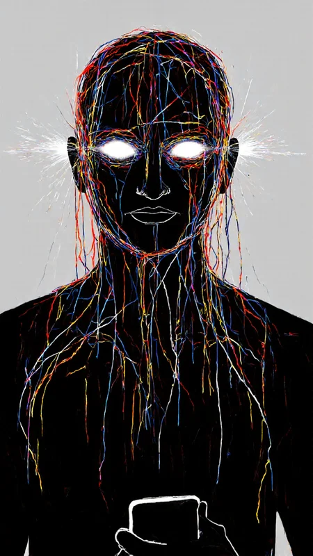 digital drawing in a surreal, abstract style. The central subject is a person's head and shoulders, depicted in a dark, almost black silhouette. The face is expressionless, with large, glowing white eyes that seem to be emitting light, suggesting a mystical or otherworldly presence. Long, thin, multicolored wires emerge from the eyes, extending down to form a chaotic, tangled web of lines that cover the person's head and neck. The wires are predominantly red, blue, yellow, and white, creating a vivid contrast against the dark background. The person is holding a smartphone in their right hand, which is partially visible at the bottom of the image. The background is a muted, light gray, which helps to emphasize the dark silhouette of the person and the bright, colorful wires. The overall composition is dynamic and visually striking, with a focus on the interplay between light and dark, technology and the human form, and the surreal, almost dreamlike quality of the image. The style is reminiscent of contemporary digital art, blending elements of fantasy and science fiction.,aidmaimageupgrader, aidmaMJ6.1 <lora:aidmaMJ6.1-FLUX-v0.5:0.7> <lora:aidmaImageUprader-FLUX-v0.3:0.4>