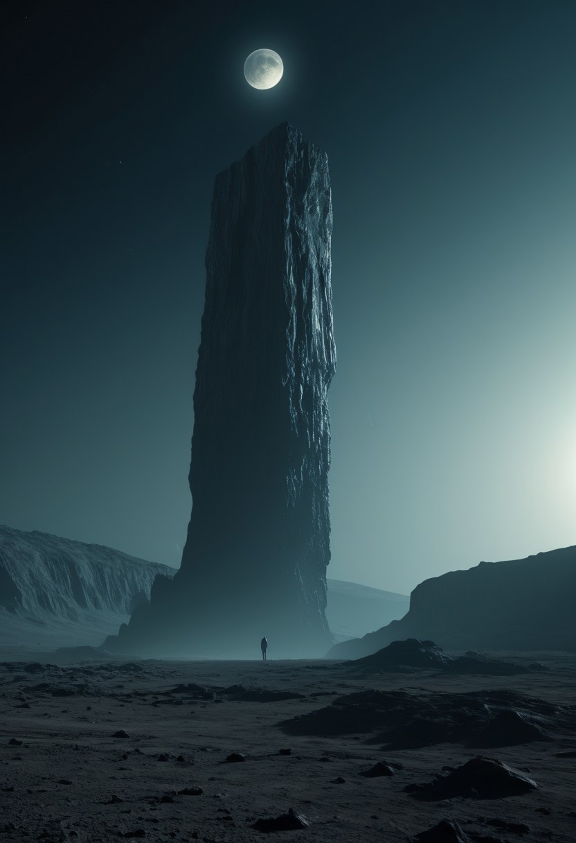 surface of a desolate moon, observing an immense alien monolith thatas emitting an eerie, pulsating light. cinematic. still, artistic.