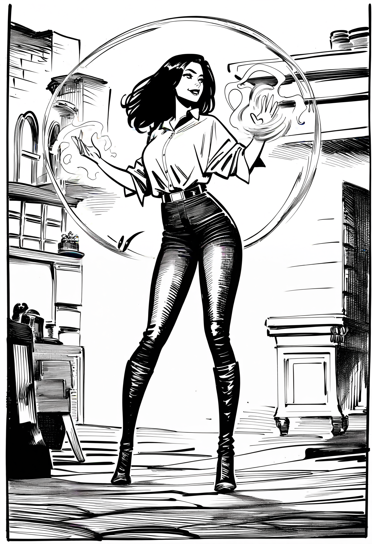 1girl, oversized-shirt, belt, magic, western-comics-\(style\), very awa, masterpiece, best quality, newest, absurdres, highres, monochrome, artist-name, signature