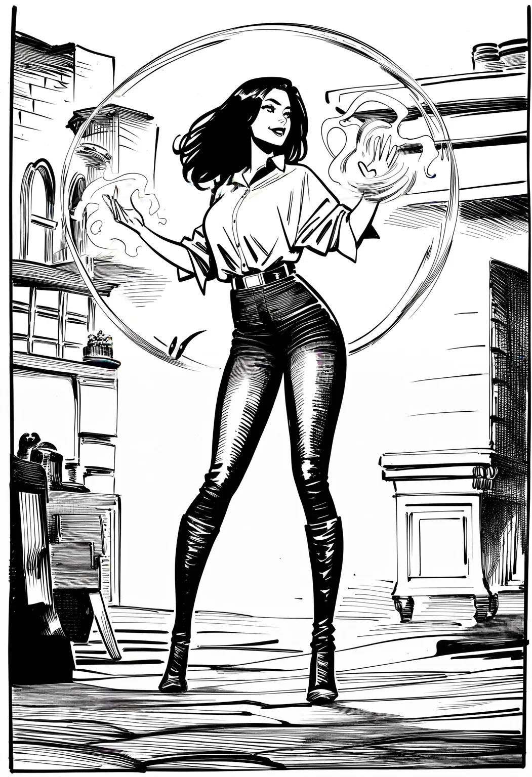 1girl, oversized-shirt, belt, magic, western-comics-\(style\), very awa, masterpiece, best quality, newest, absurdres, highres, monochrome, artist-name, signature
