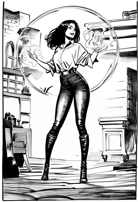 1girl, oversized-shirt, belt, magic, western-comics-\(style\), very awa, masterpiece, best quality, newest, absurdres, highres, monochrome, artist-name, signature