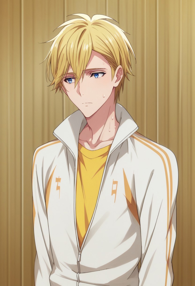 score_9, score_8_up, score_7_up, source_anime, highly detailed,    
nagirokuya, 1boy, solo, male focus, blonde hair, blue eyes, jacket, track jacket, long sleeves, yellow t-shirt, upper body, sweating, tired,
indoor, stage
