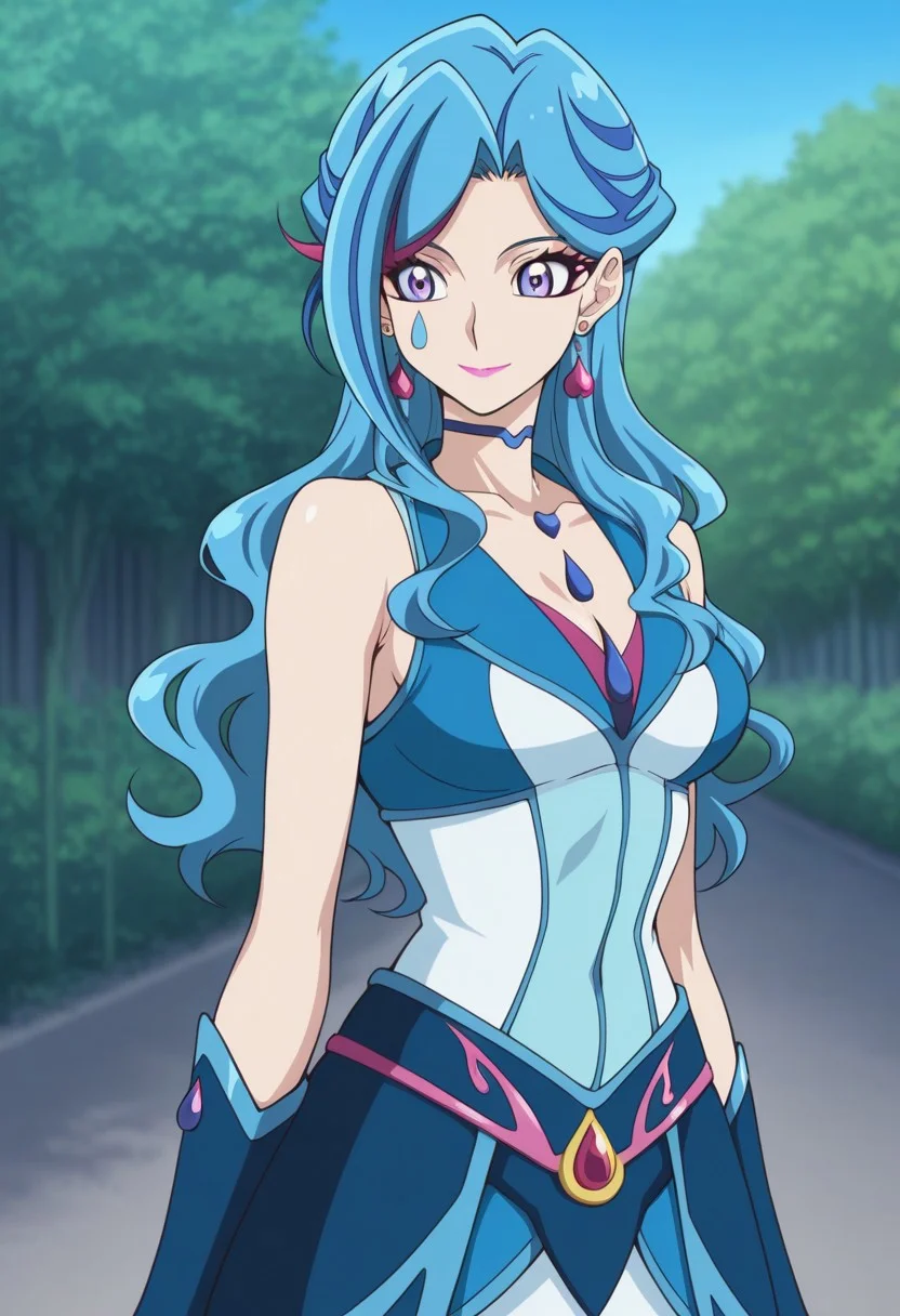 masterpiece,best quality,amazing quality, source_anime,
AoiZaizen,1girl, solo, blue maiden outfit, makeup, lipstick, purple eyes, blue hair, multicolored hair, long hair, choker, teardrop tattoo, earring, heart earrings, dress, multicolored dress, sleeveless, smile
outdoor,