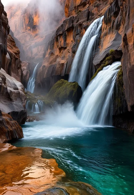 This image depicts a breathtaking natural scenery of a waterfall cascading into a deep pool within a narrow, rocky canyon. The sides of the canyon are composed of rugged, layered rock formations in shades of orange and gray, creating a striking contrast with the bright blue-green hue of the pool at the bottom.
The waterfall plunges from a considerable height, crashing into the circular pool below and sending up a spray of mist. Sparse vegetation can be seen clinging to the rocky surfaces, adding pops of green color to the otherwise earthy tones of the canyon walls.
The overall scene exudes a sense of raw natural beauty, with the interplay of water, rock, and color creating a mesmerizing and awe-inspiring sight. It captures the power and majesty of nature's sculpting forces over time, leaving behind this remarkable geological formation for us to marvel at,
JuggernautNegative, Movie Still, Film Still, Cinematic, Cinematic Shot, Cinematic Lighting,