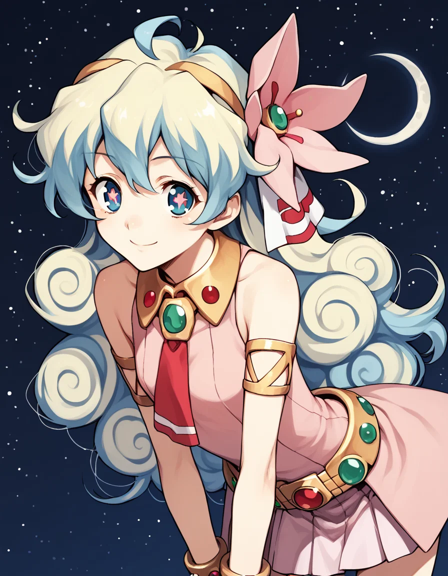 score_9, score_8_up, score_7_up, source_anime,
niateppelin, <lora:nia-teppelin-ponyxl-lora-nochekaiser:1>,
nia teppelin, cross-shaped pupils, hair flower, hair ornament, long hair, multicolored hair, simple background, symbol-shaped pupils, two-tone hair, ahoge, curly hair,
armlet, bracelet, dress, pink skirt, skirt, sleeveless,
outdoors, space, starry sky, moon, bent over, smile,
looking at viewer, solo, cowboy shot, dutch angle,