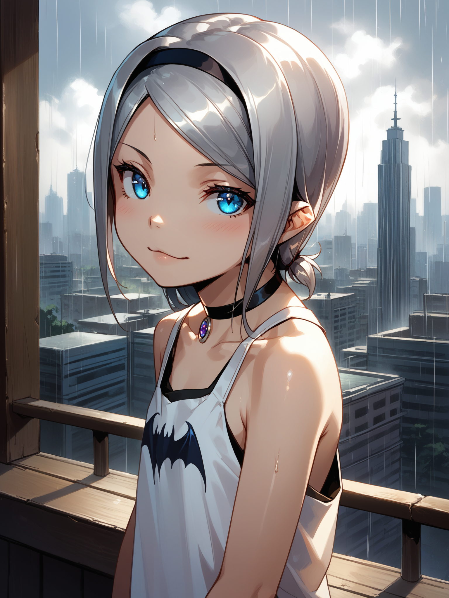(, solo focus:1.2) <lora:happy_tentacle-leia-v0.1-000033:1>, ht_leia, silver hair, blue eyes, (vampire, fangs:0.5), glowing eyes, pendant choker, bat print, (petite:1.2), <lora:Shed_The_Skin's StS_age_slider_v1_initial_release:-1.3> ( :1.1) ( ( head tilt :0.8) , , ( :1.2) , , looking back :1) , outdoors, vegetation, ( :1.1), summer , (day :0.6), rain , (:0.5), , ( :0.9), balcony, skyline, ( :0.8) score_9, score_8_up, score_7_up, score_6_up, score_5_up, score_4_up, ( [(realistic, photorealistic:1.3):(realistic:1.2):16] [(3d:1.2)::14] :1) <lora:LUUNA's Lunas-NijiJourney-SDXL-B2:0.35>, nijijourney <lora:prgfrg23's Counterfeit-V3.0 Style SDXL_LoRA_Pony Diffusion V6 XL:0.5> <lora:mfcg's mfcgXL:0.12> <lora:reweik's gyokai(himehajime)_PonyXL_style_v01:0.14>