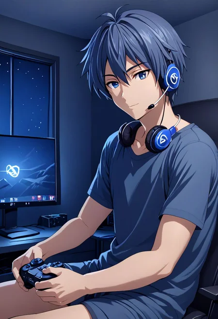 high resolution, solo, best quality, 1Boy, Tomoya Okazaki, Grey Blue Hair, gamer, bedroom, night, pc, sit, headset, portraits, OverallDetail