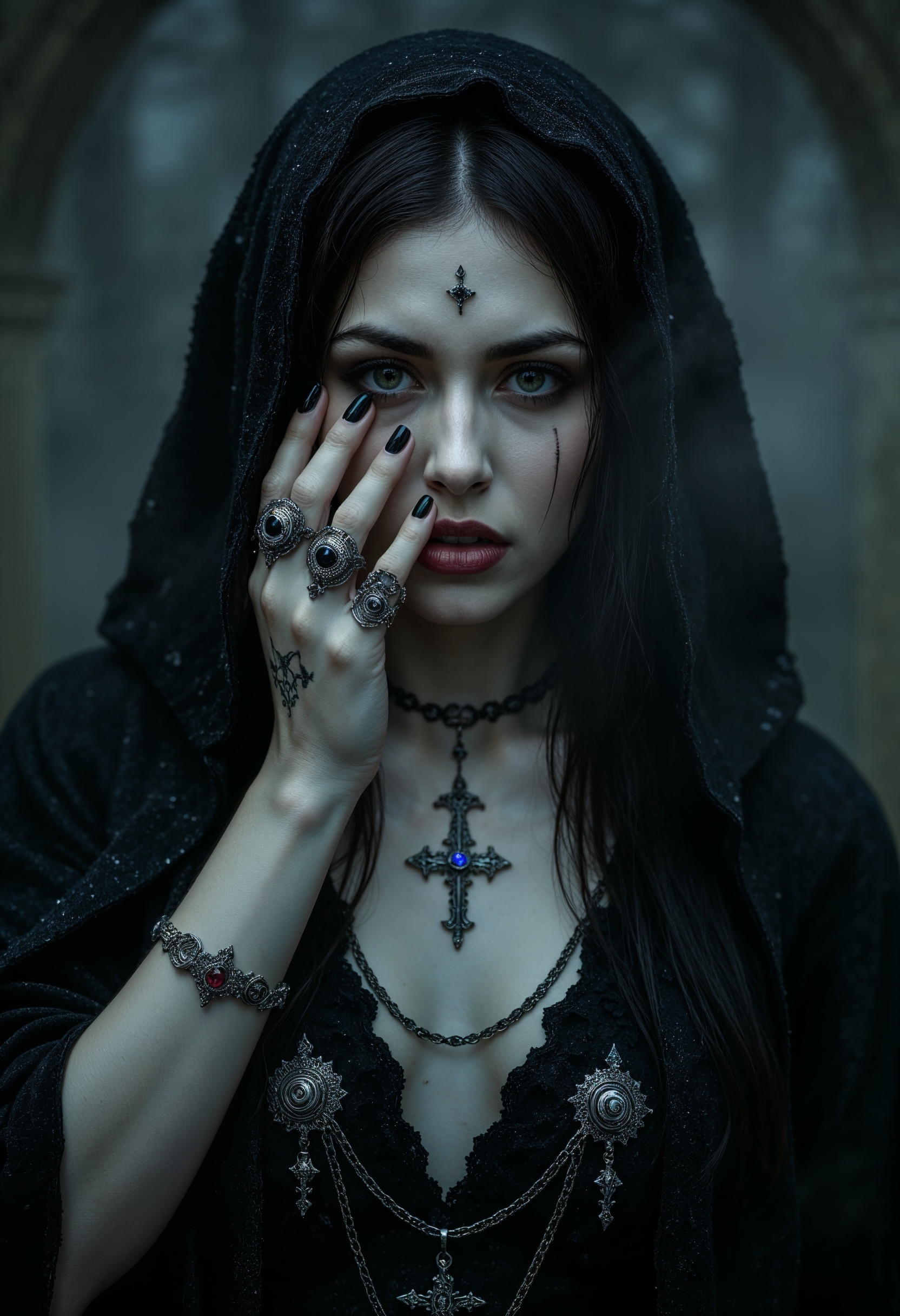 R3alism, (amazing transcendental's dream:3.5) The photo depicts a powerful gothic sorceress, her face partially hidden by her elegantly adorned hand. She has pale, slender fingers, on which several silver magical rings, set with dark gemstones like onyx and amethyst, glimmer. Her hand is decorated with mysterious tattoos that seem to pulse with a dark energy.She wears a gothic ensemble, a black velvet dress richly embroidered with occult patterns. Her long black hair frames her pale face, and her eyes, accentuated with dark makeup, shine with an intense light. Large silver necklaces, with pendants shaped like crosses and ancient symbols, rest on her chest. The background is misty, with shadows dancing around her, enhancing the mystical and sinister atmosphere of the scene, (maximum ultra high definition image quality and rendering:3), maximum image detail, maximum realistic render, (((ultra realist style))), realist side lighting, , 8K high definition, realist soft lighting, (amazing special effect:3.5)  <lora:FluxMythR3alism:1>