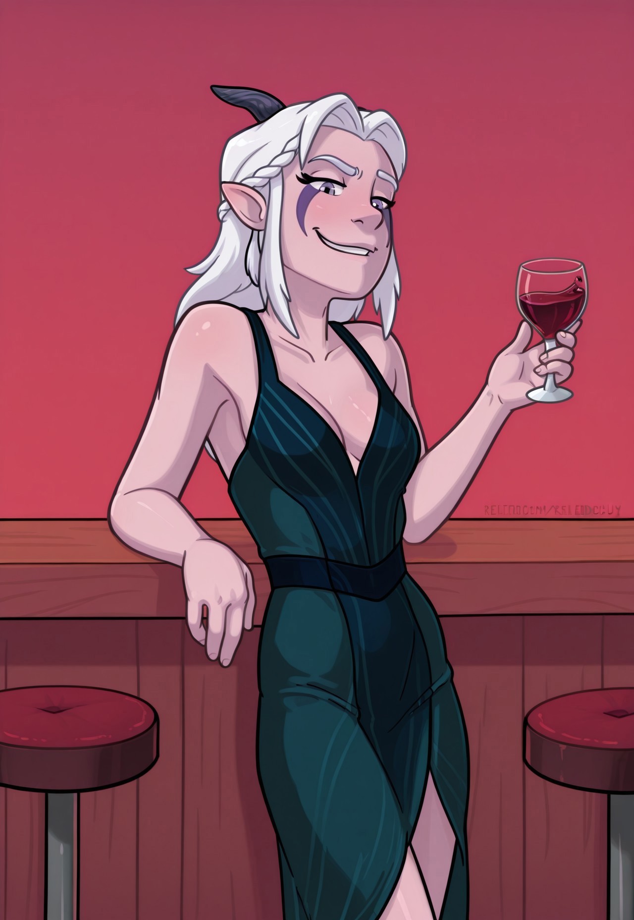 Relatedguy, Rayla, cocktail dress, solo, bar, leaning against bar, bar stools, holding wineglass, red wine, (smirk)